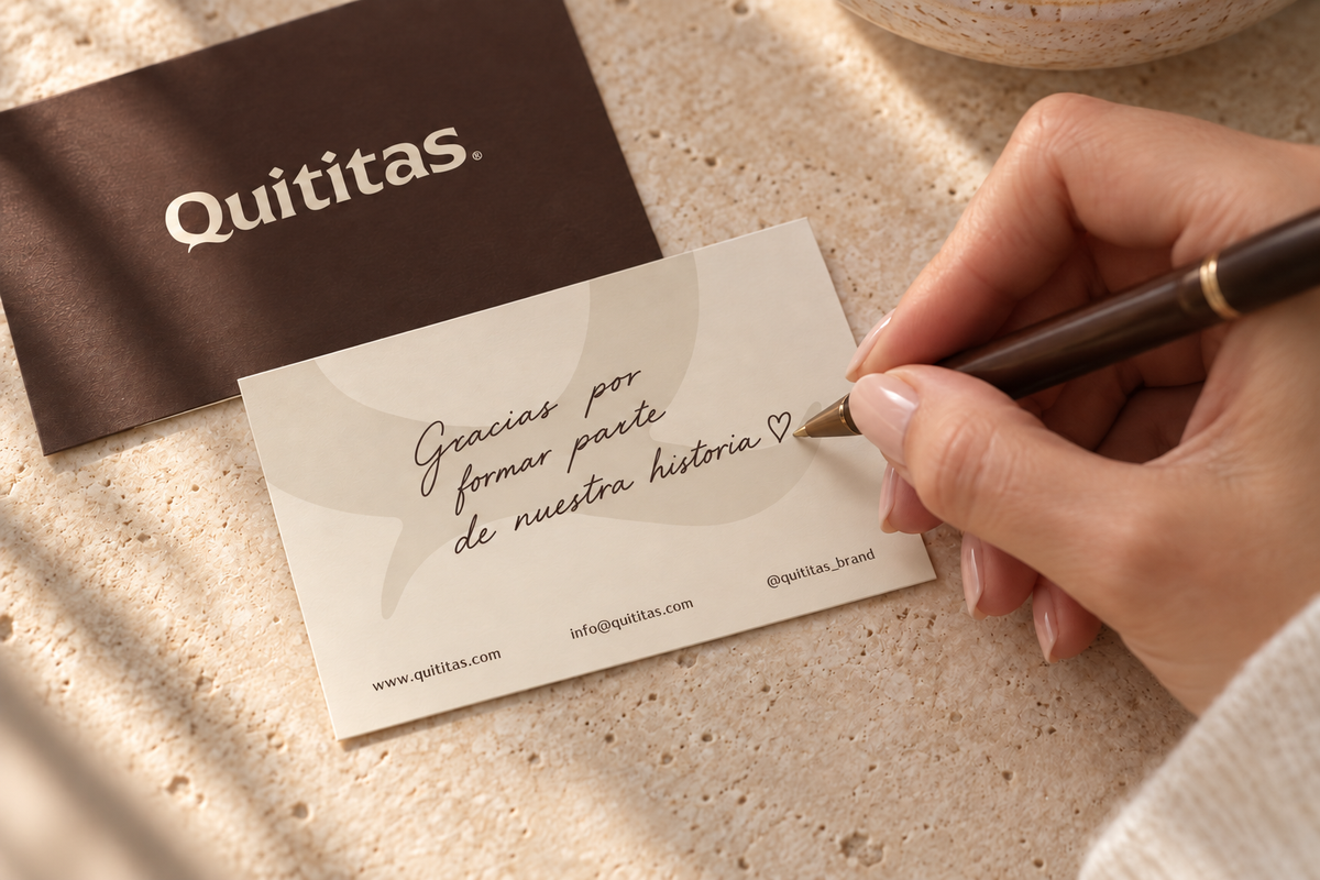 Dedicatoria personalizada escrita a mano en una tarjeta de Quititas